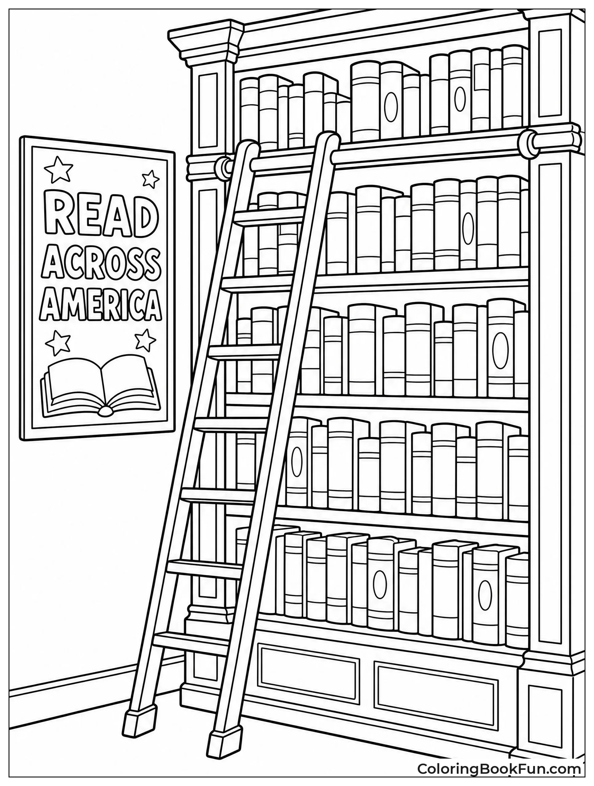 Wooden Ladder Leaning on Library Shelves