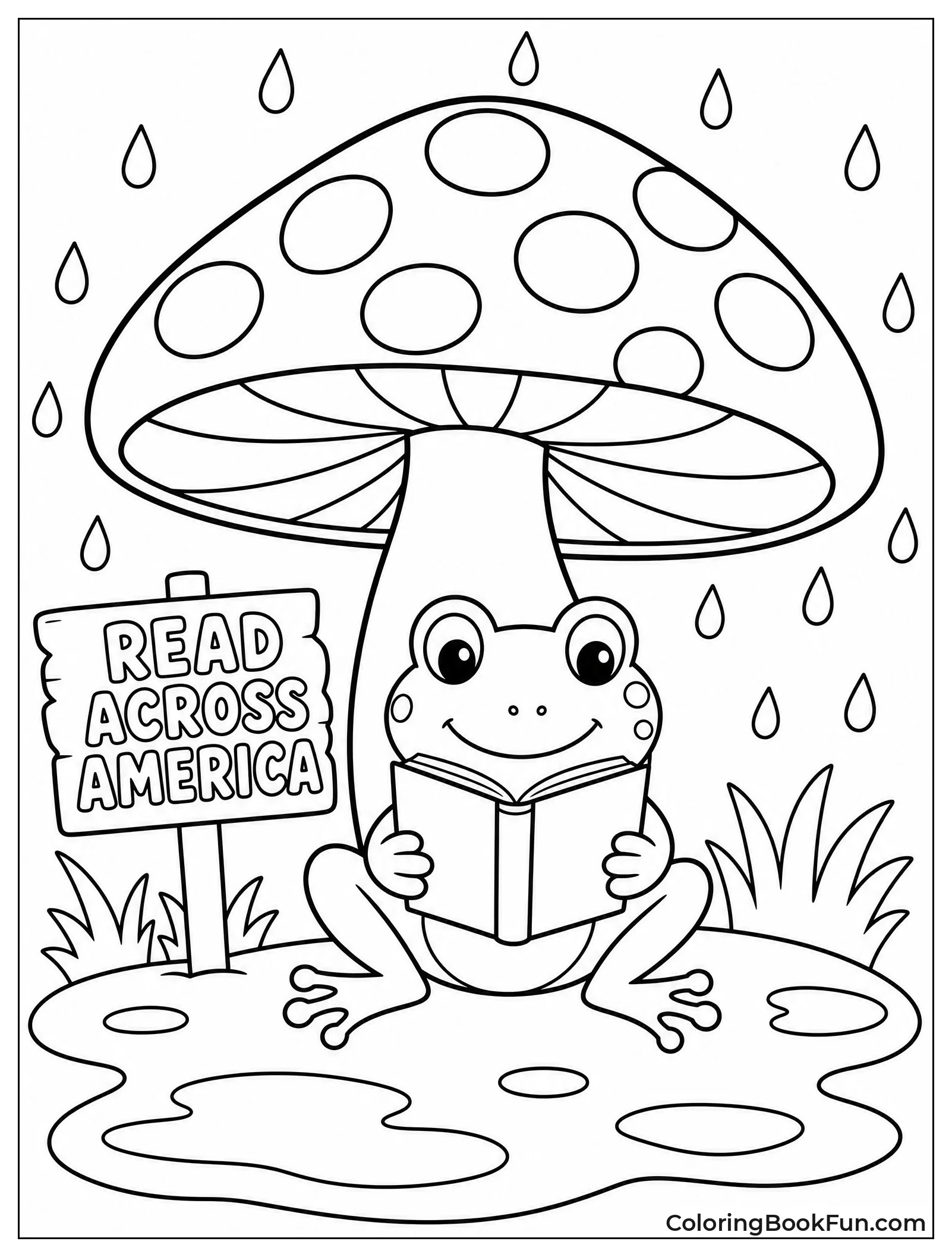 Frog Reading Book under Mushroom