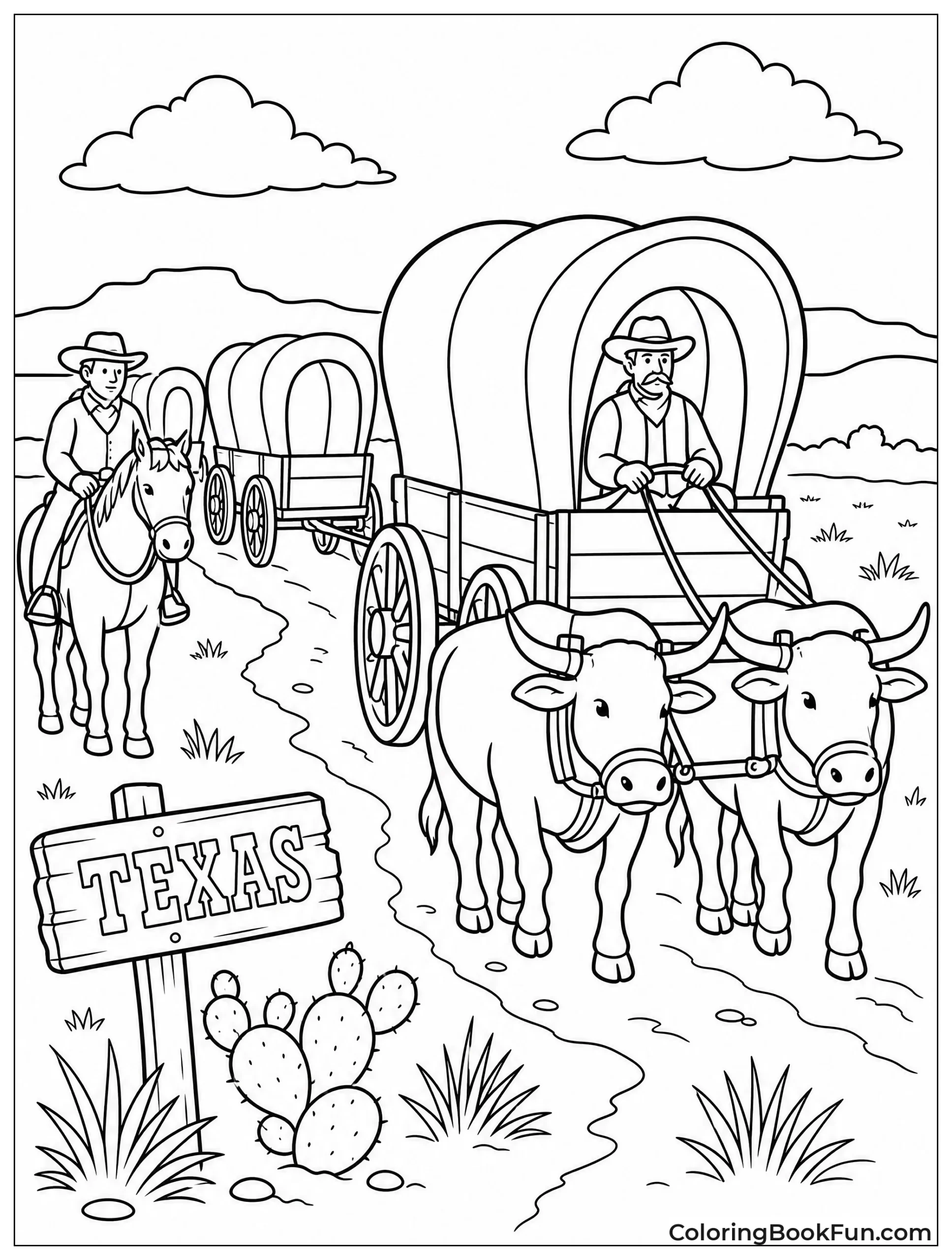 Wagon Train Crosses Texas Prairie