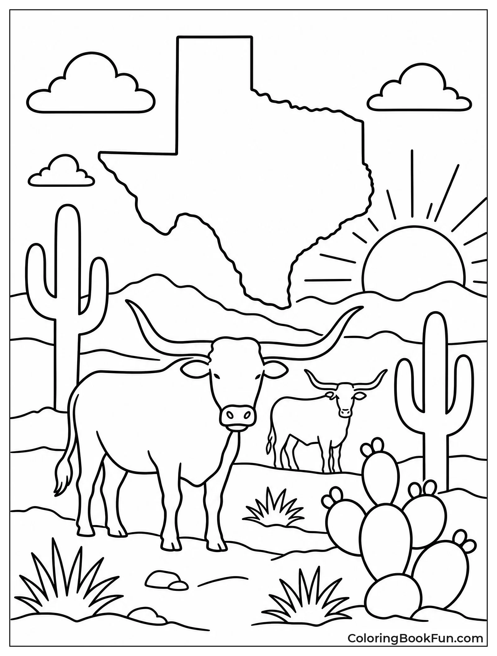 Longhorns Stand at Desert Sunset