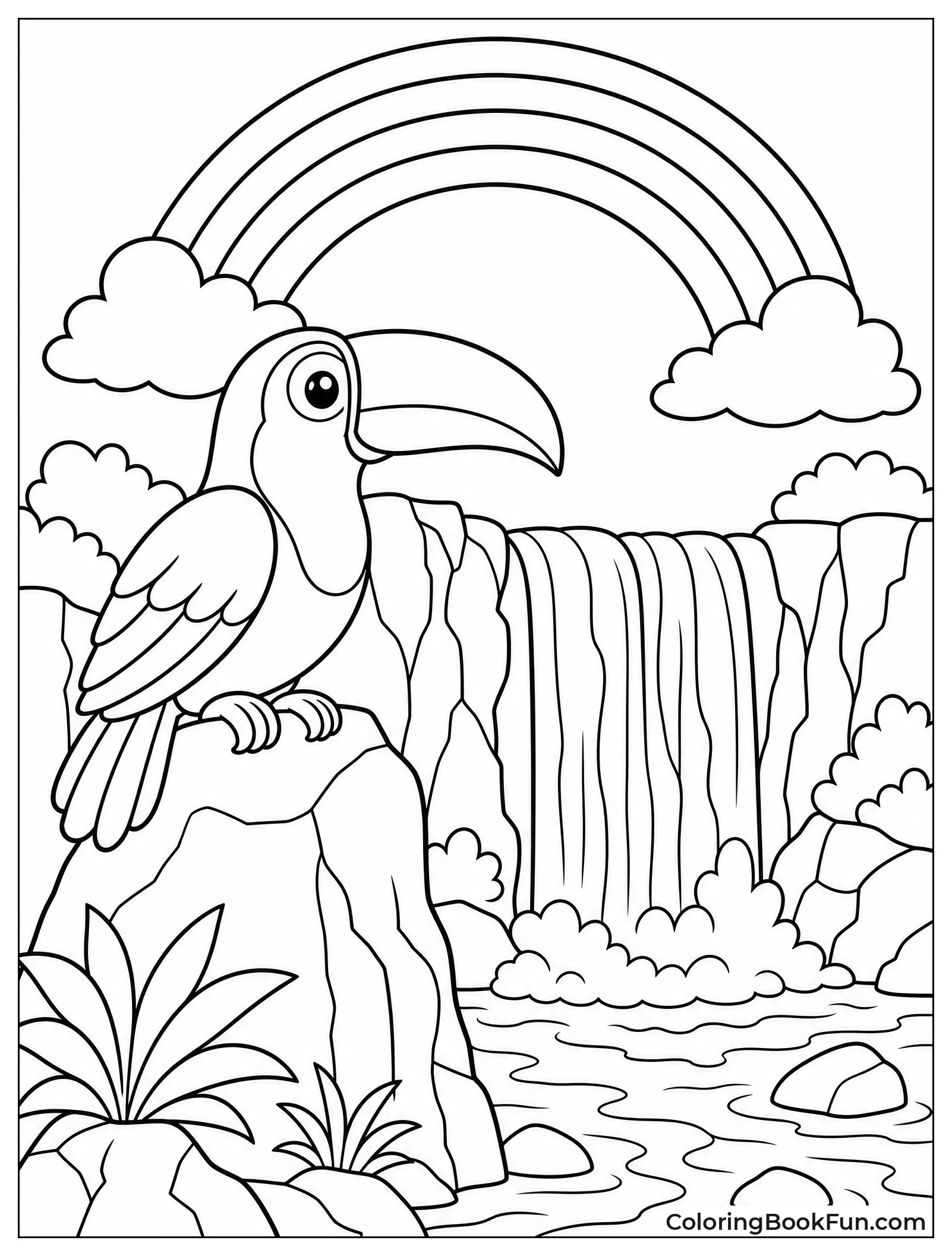 Toucan Perched on Rock by Waterfall