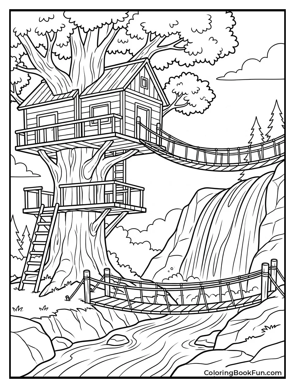 Treehouse next to Rushing Waterfall
