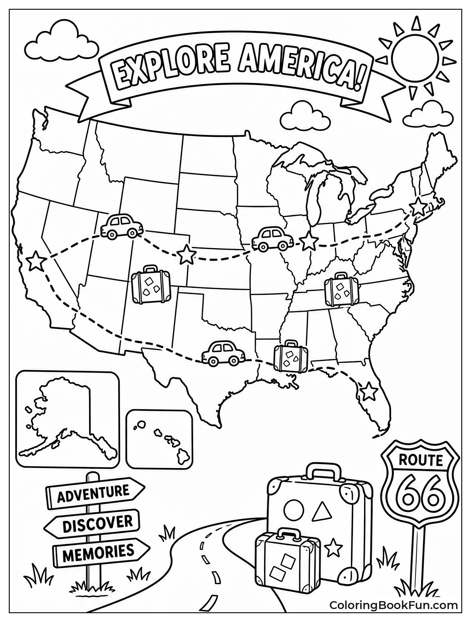 Cars Drive on Road Trip Map