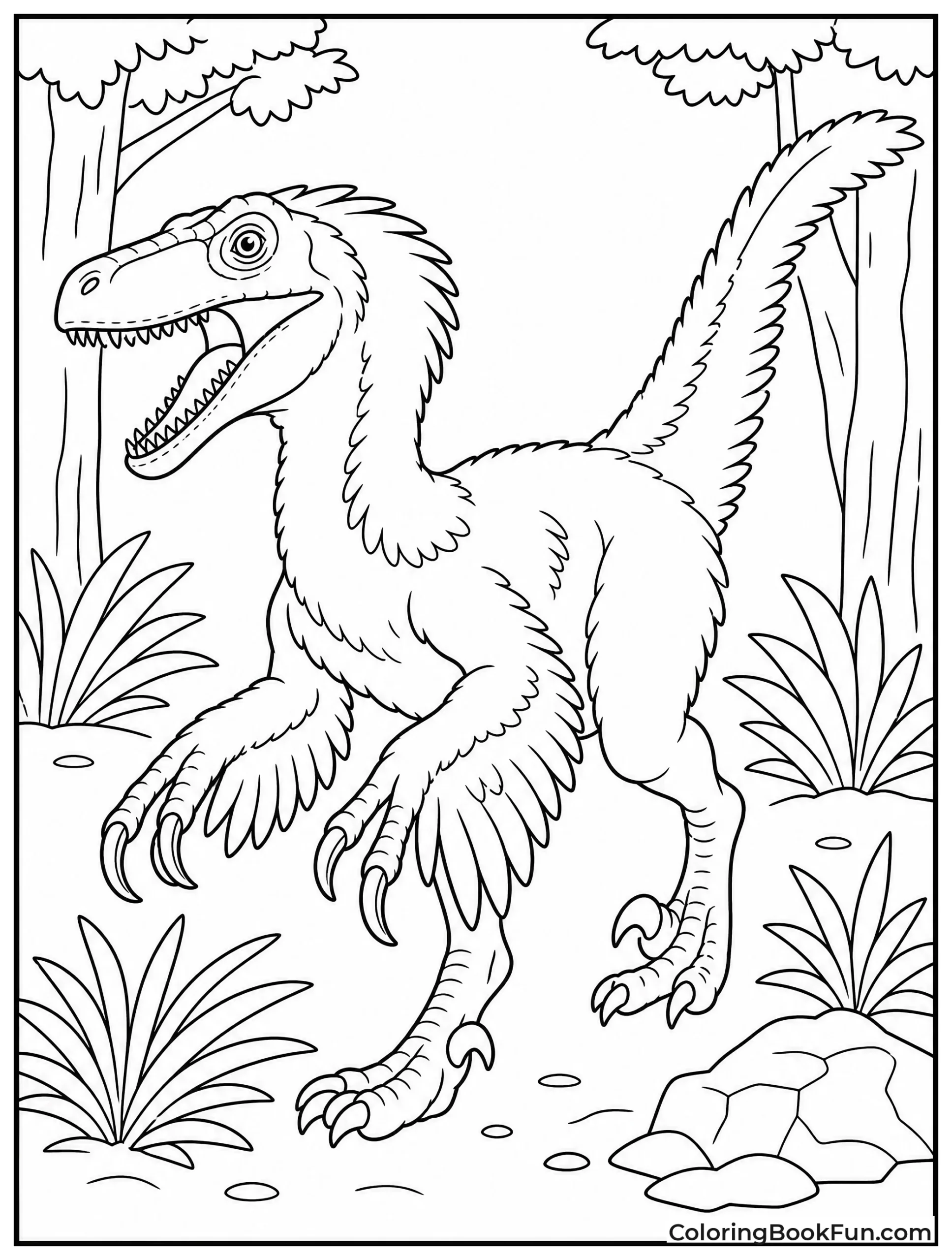 Utahraptor with Feathers in Ancient Forest