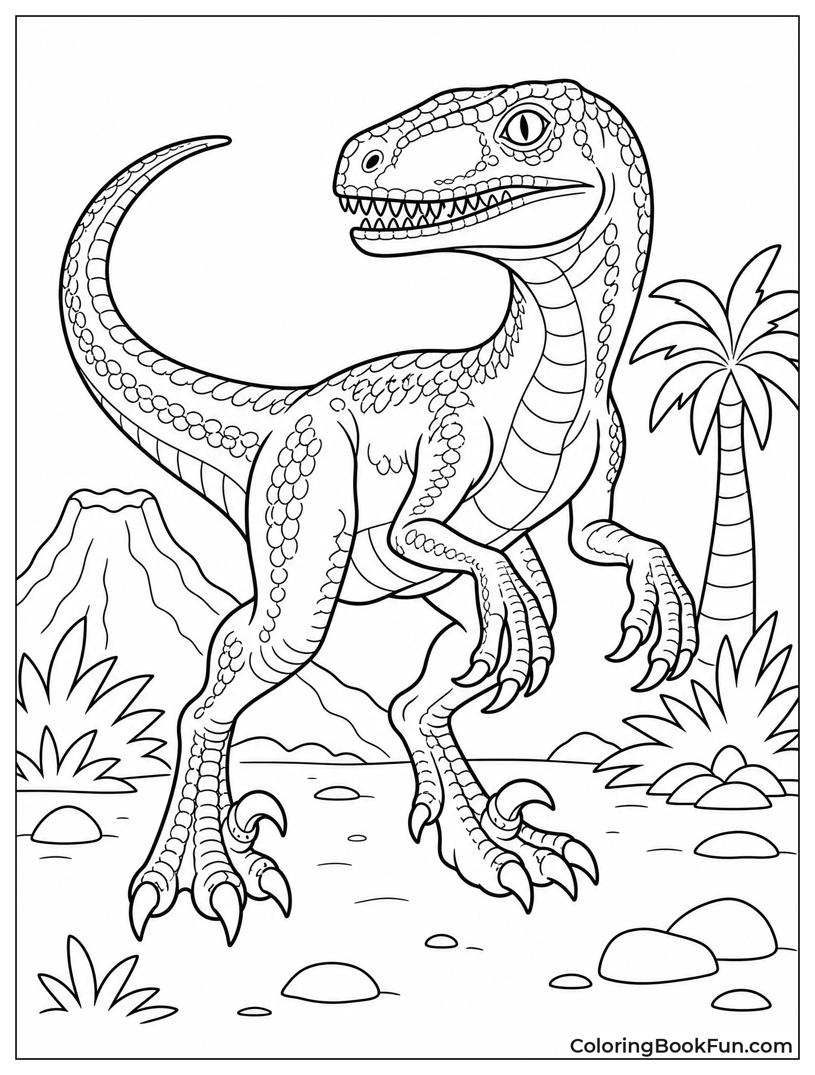 Velociraptor Standing Alert in Prehistoric Landscape