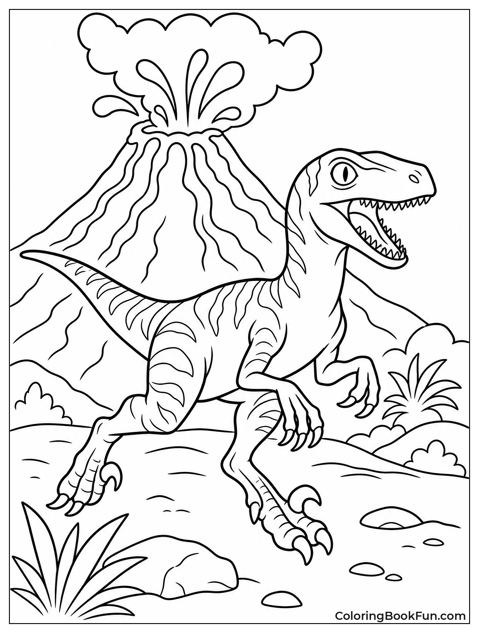 Velociraptor Near an Erupting Volcano