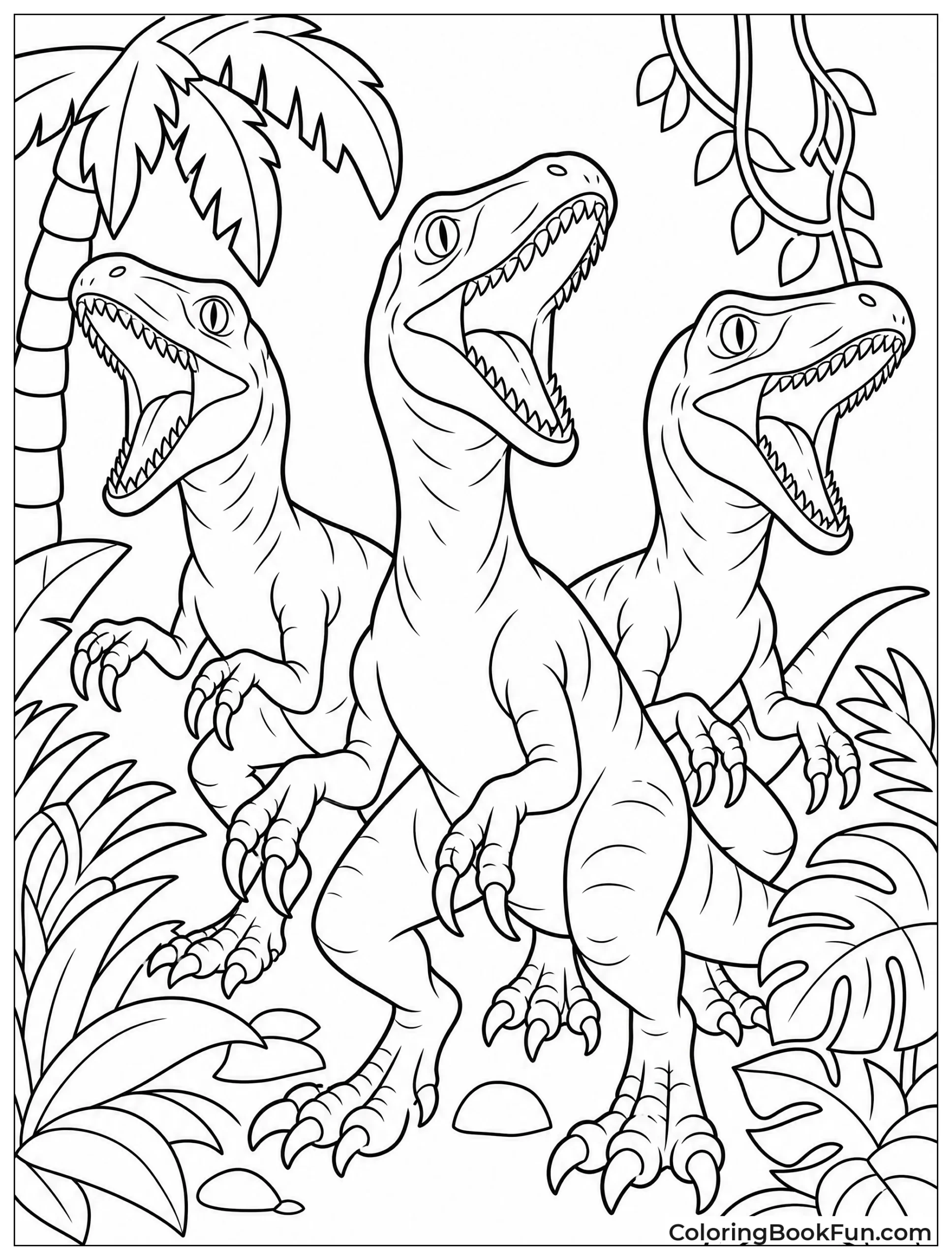 Velociraptor Pack Roaring in Jungle