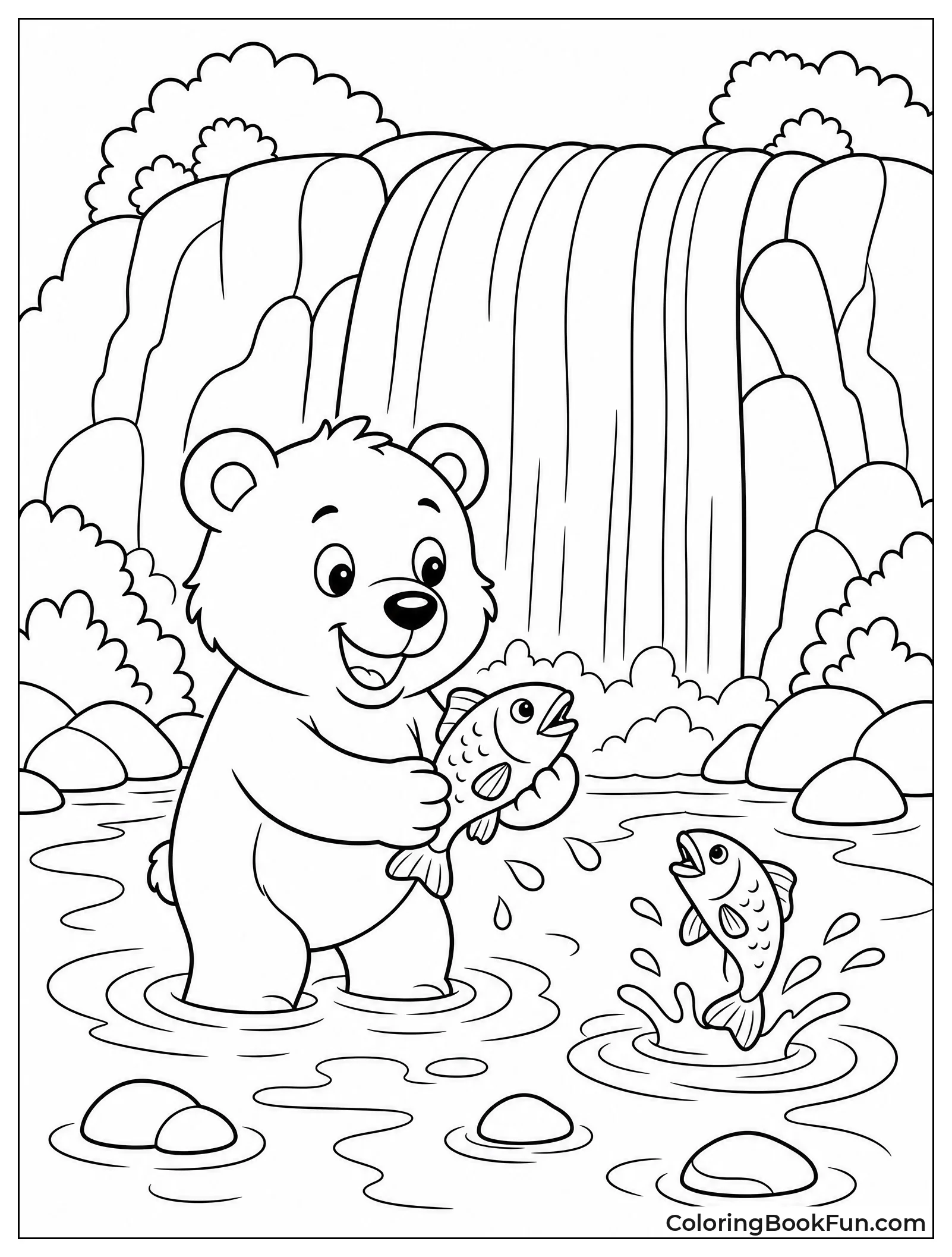 Bear Catching Fish Near Waterfall