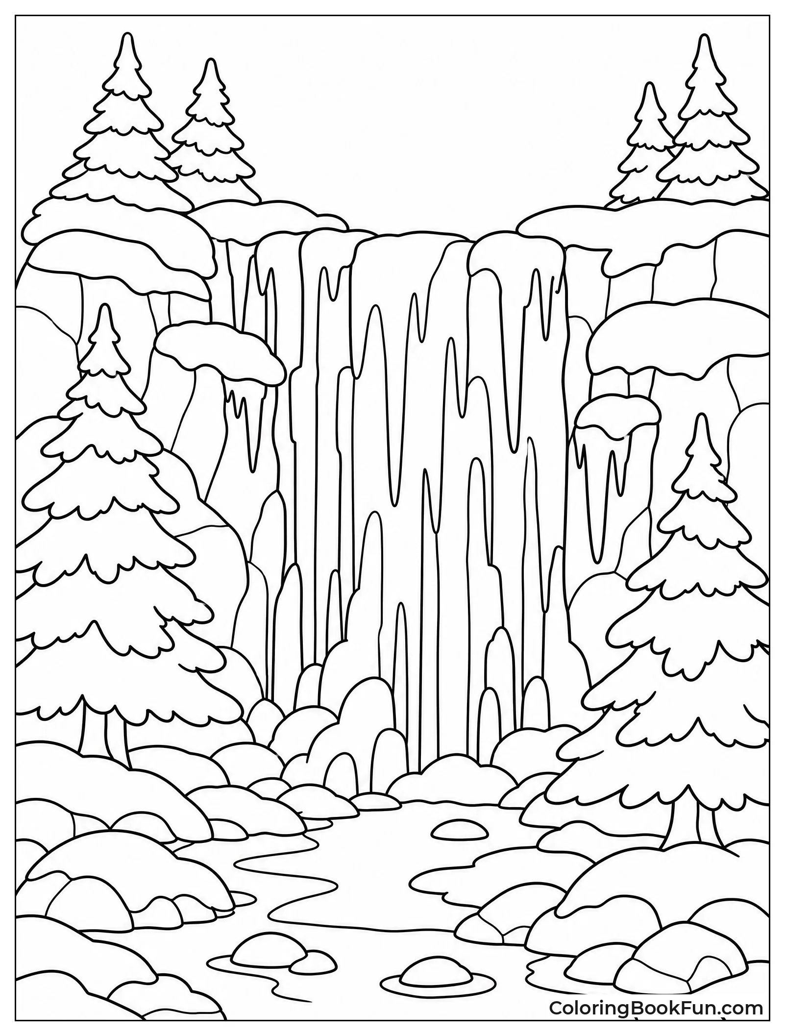 Frozen Waterfall with Snowy Rocks