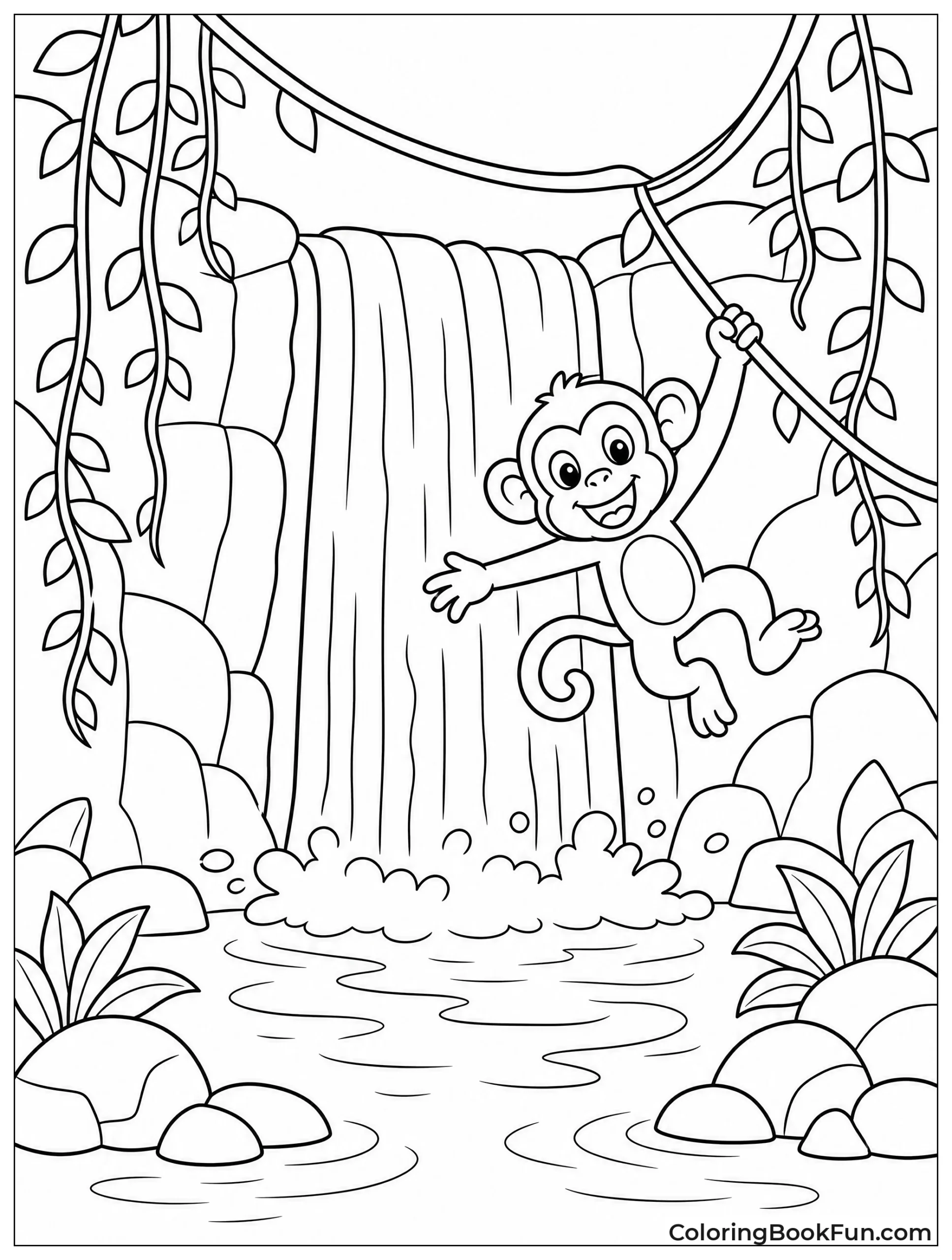 Monkey Swinging on Vines by Waterfall