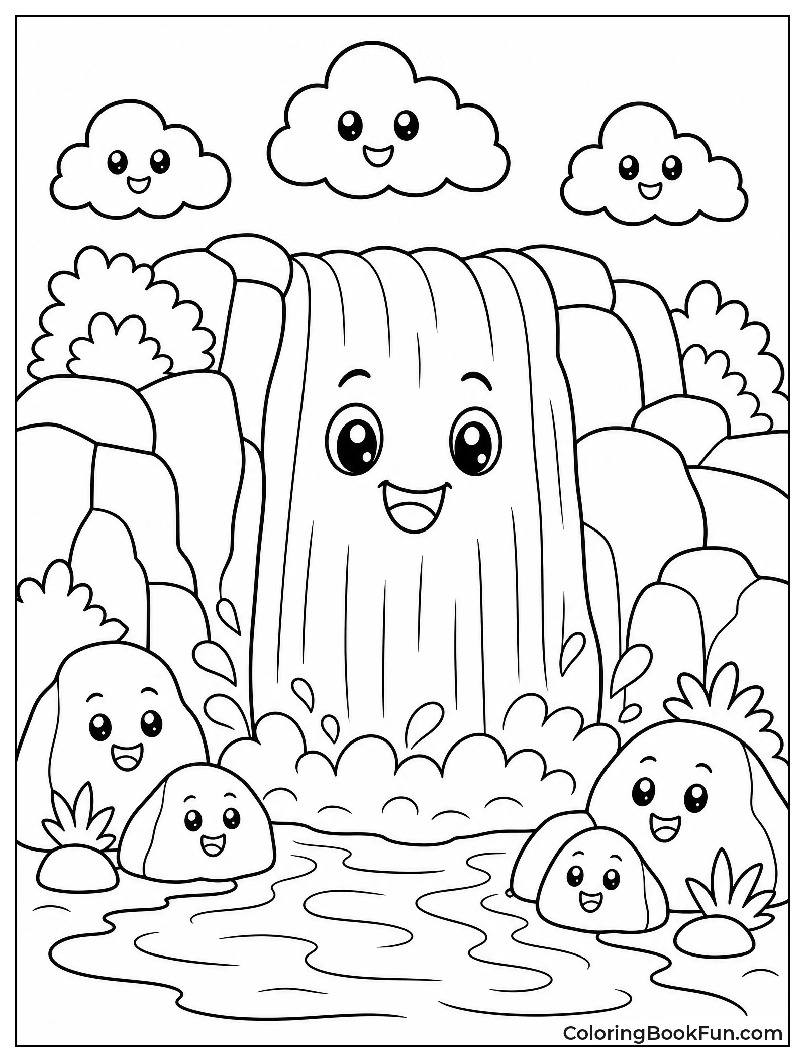 Smiling Waterfall with Happy Clouds