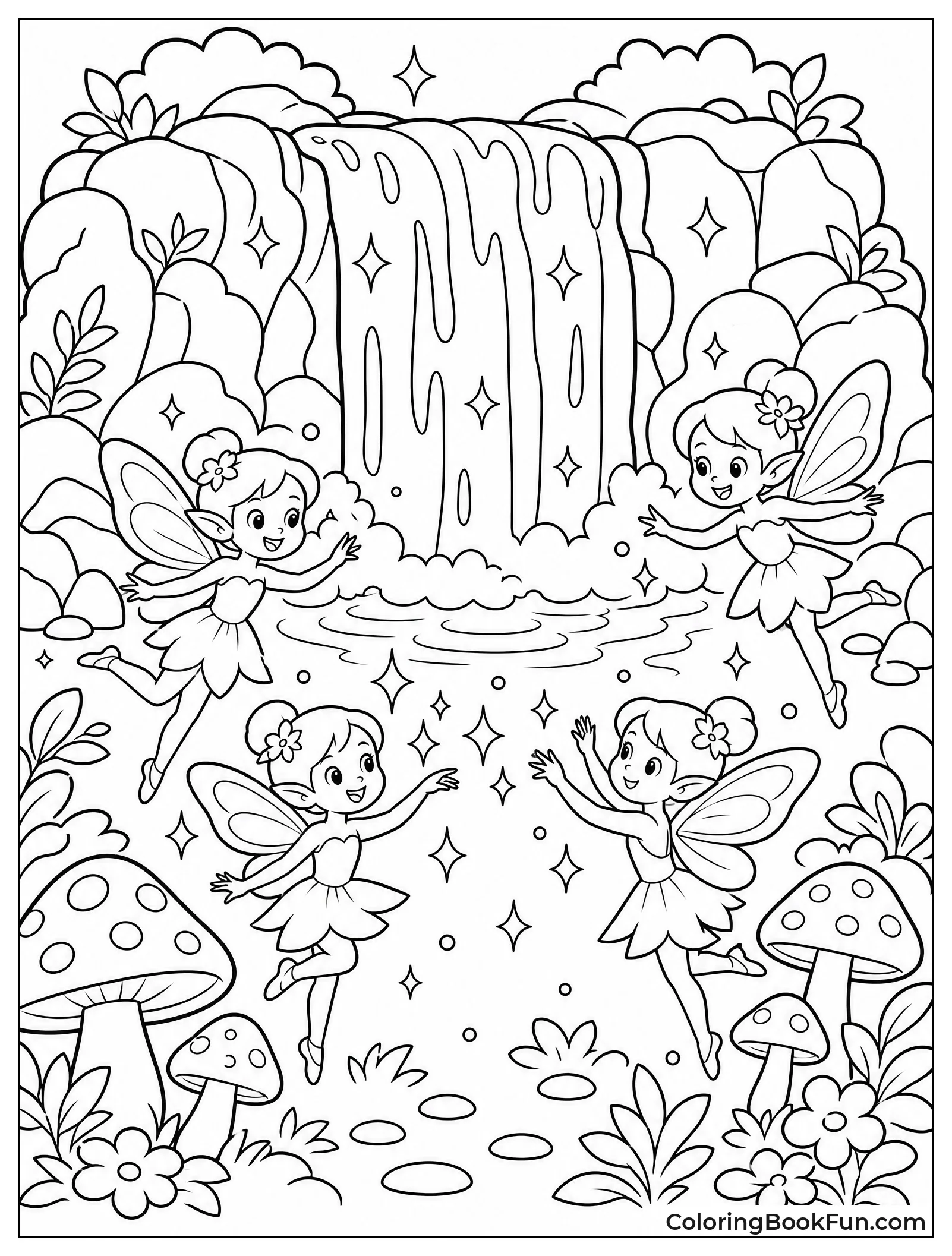 Fairies Dancing near Glowing Waterfall