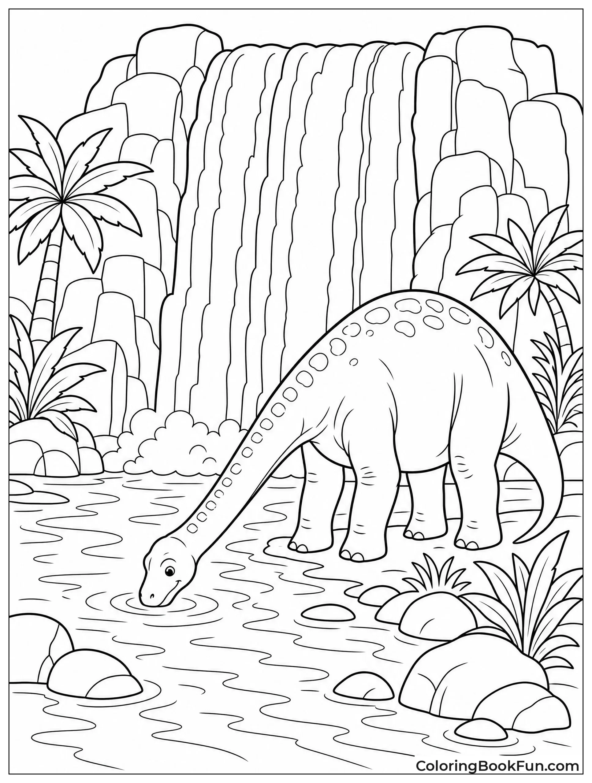 Brachiosaurus Drinking at Waterfall