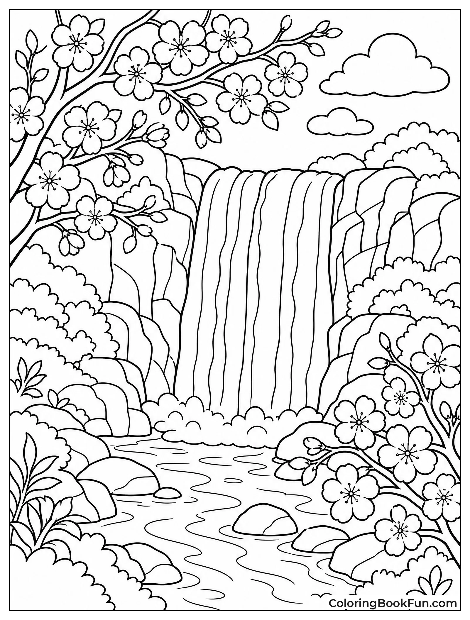 Waterfall Surrounded by Cherry Blossoms