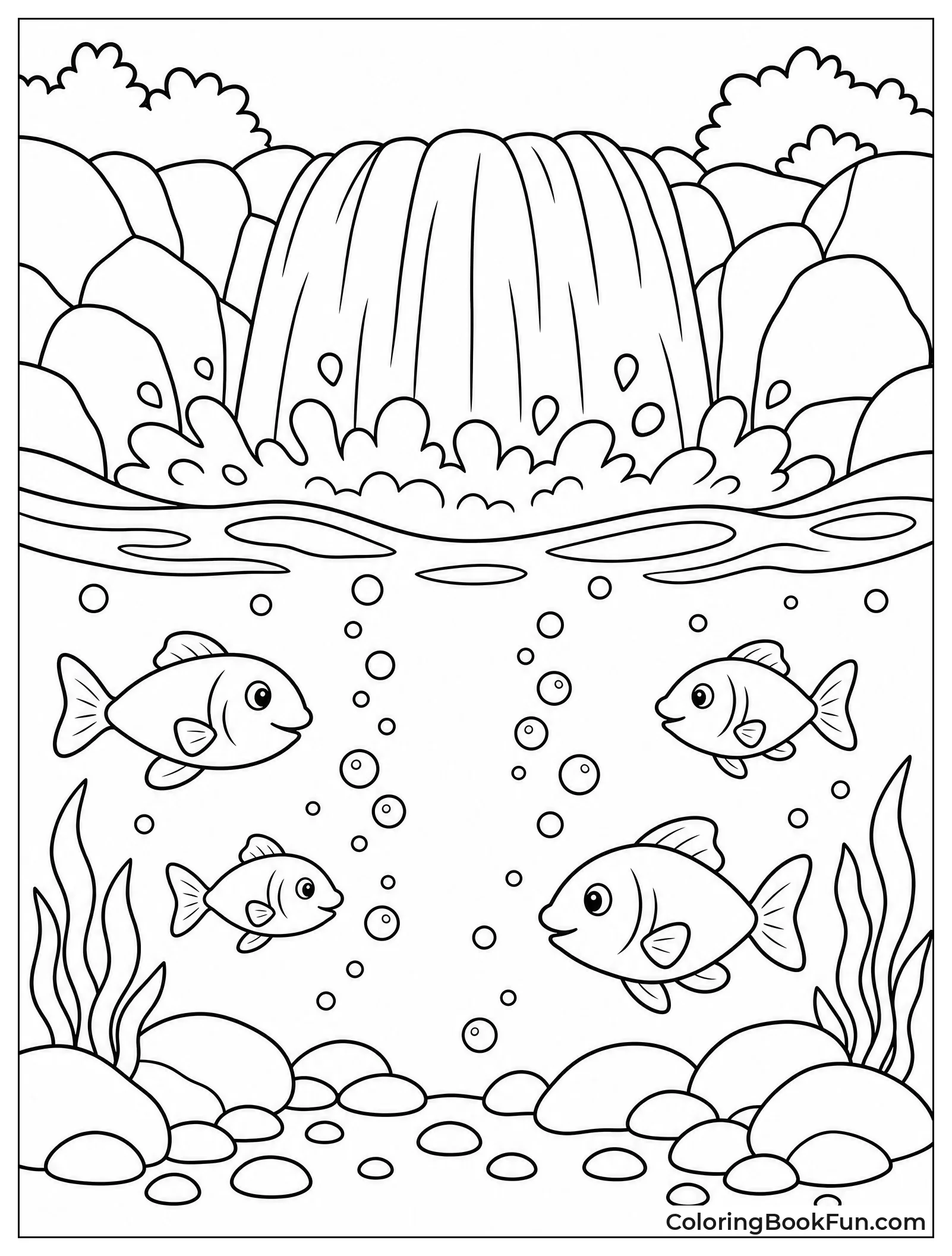 View from Under Waterfall with Fish