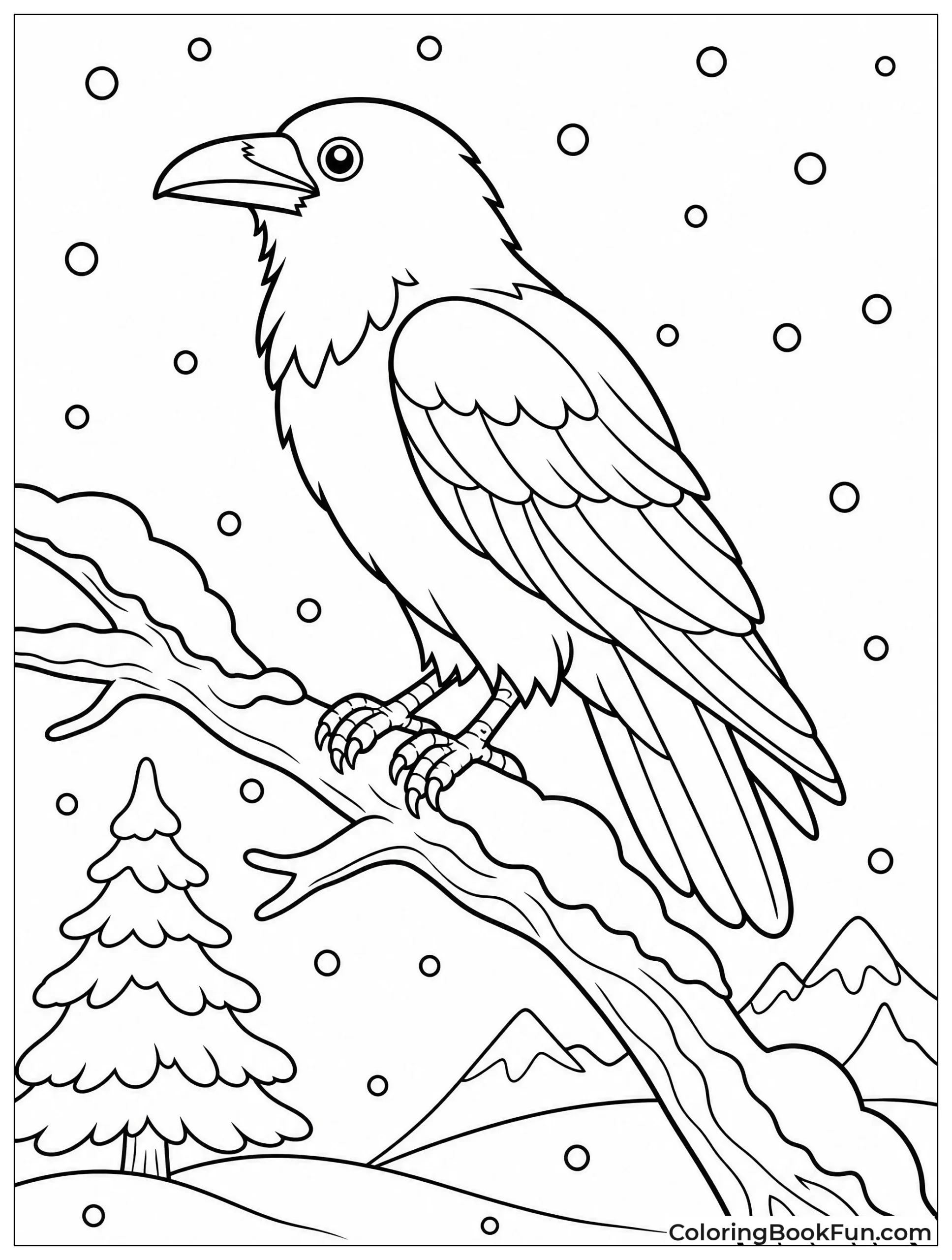 Raven on Snowy Branch with Snow