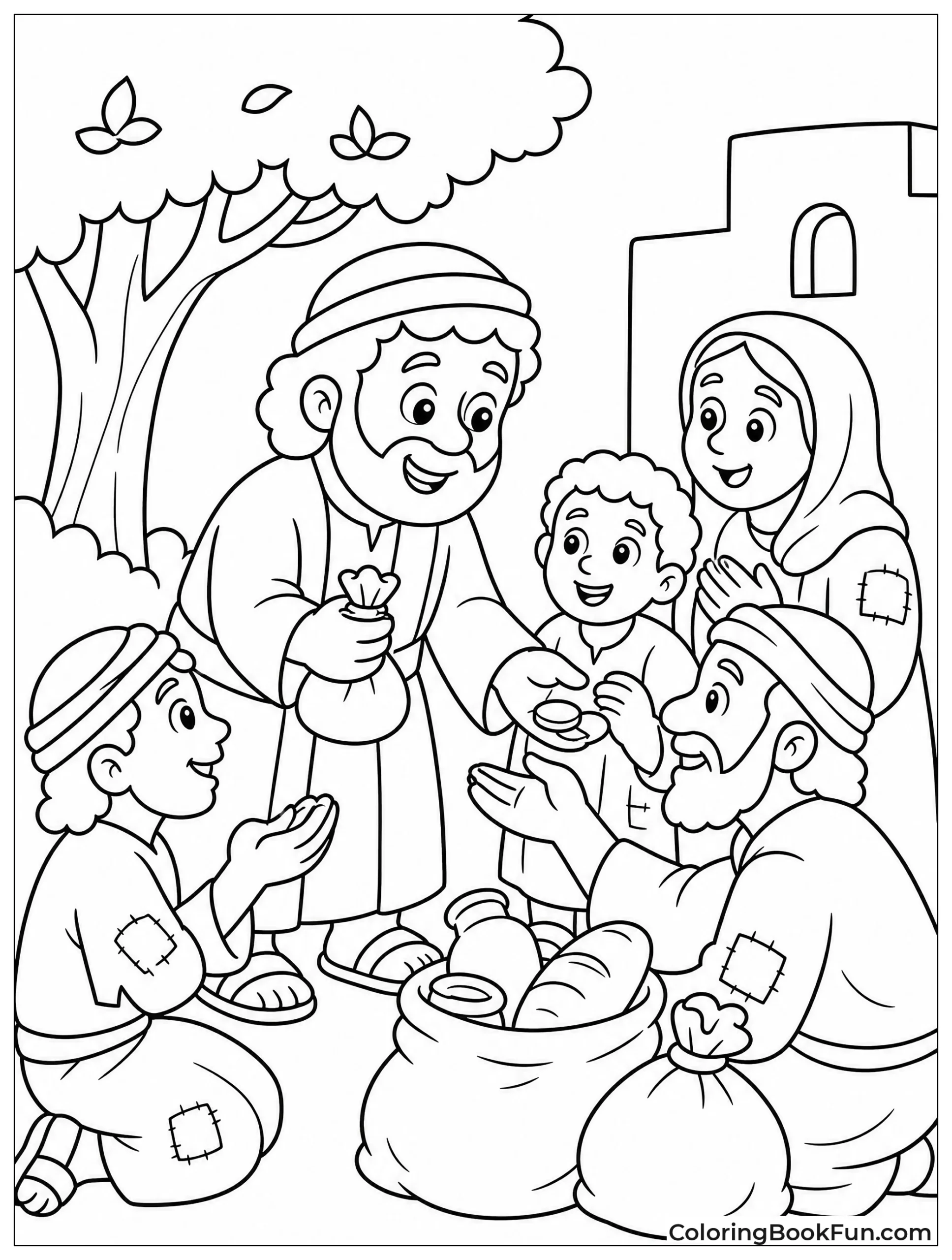 Zacchaeus Gives Coins to Poor People