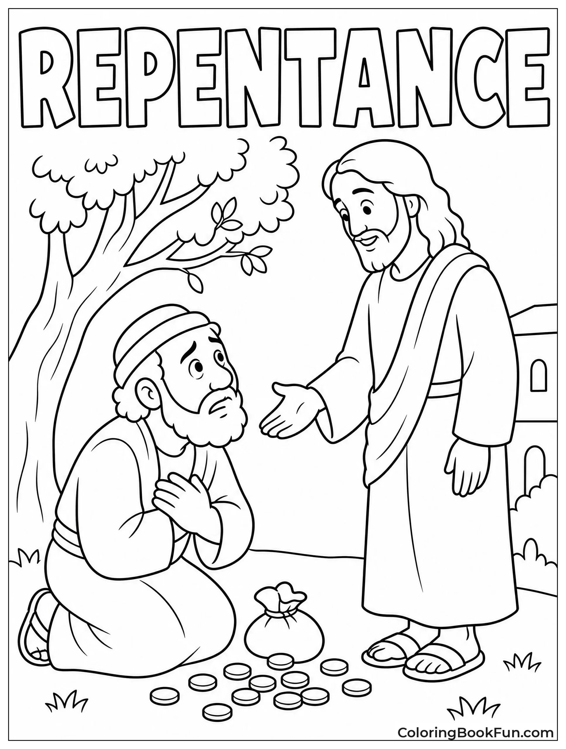 Zacchaeus Kneels and Repents to Jesus