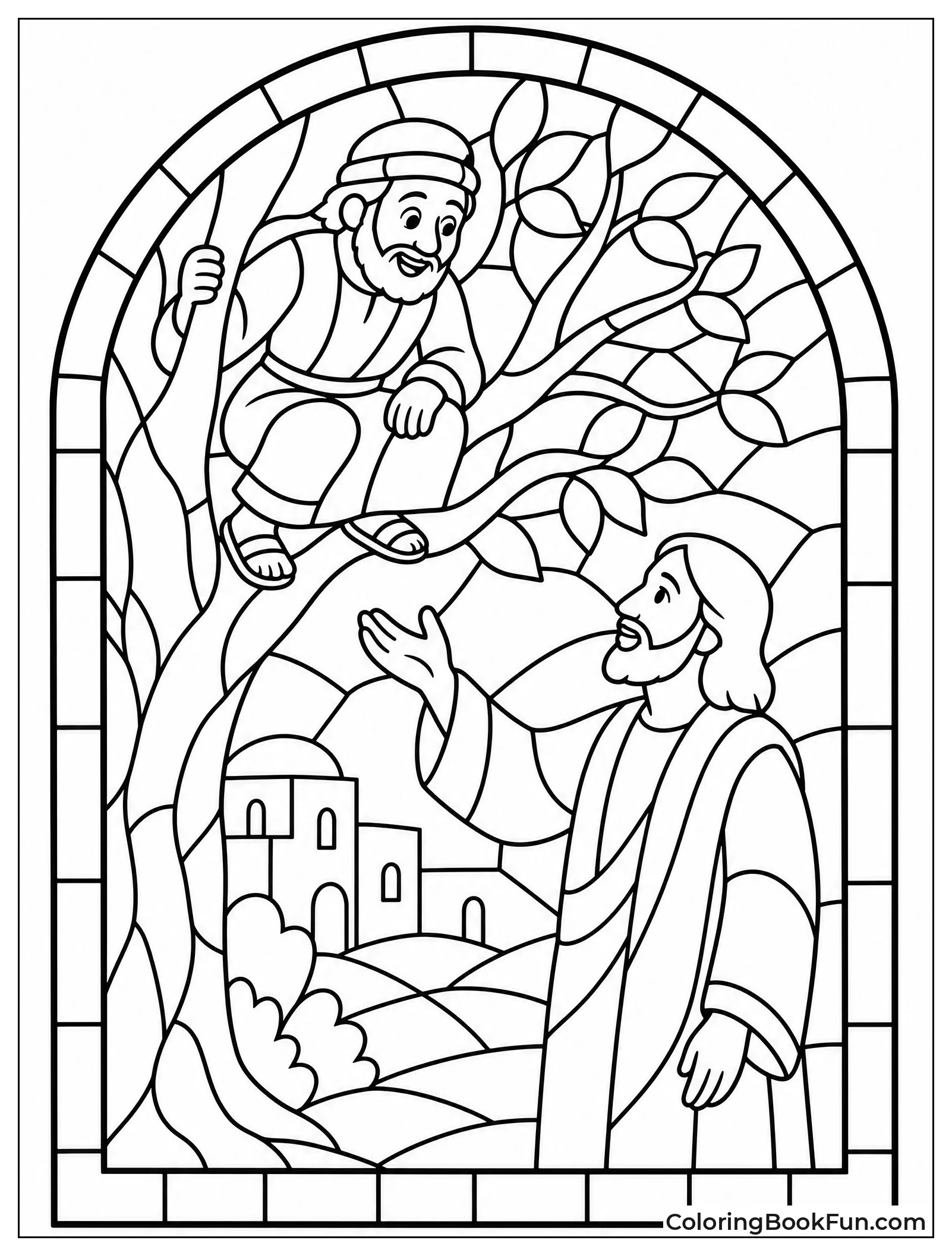 Stained Glass Shows Zacchaeus and Jesus
